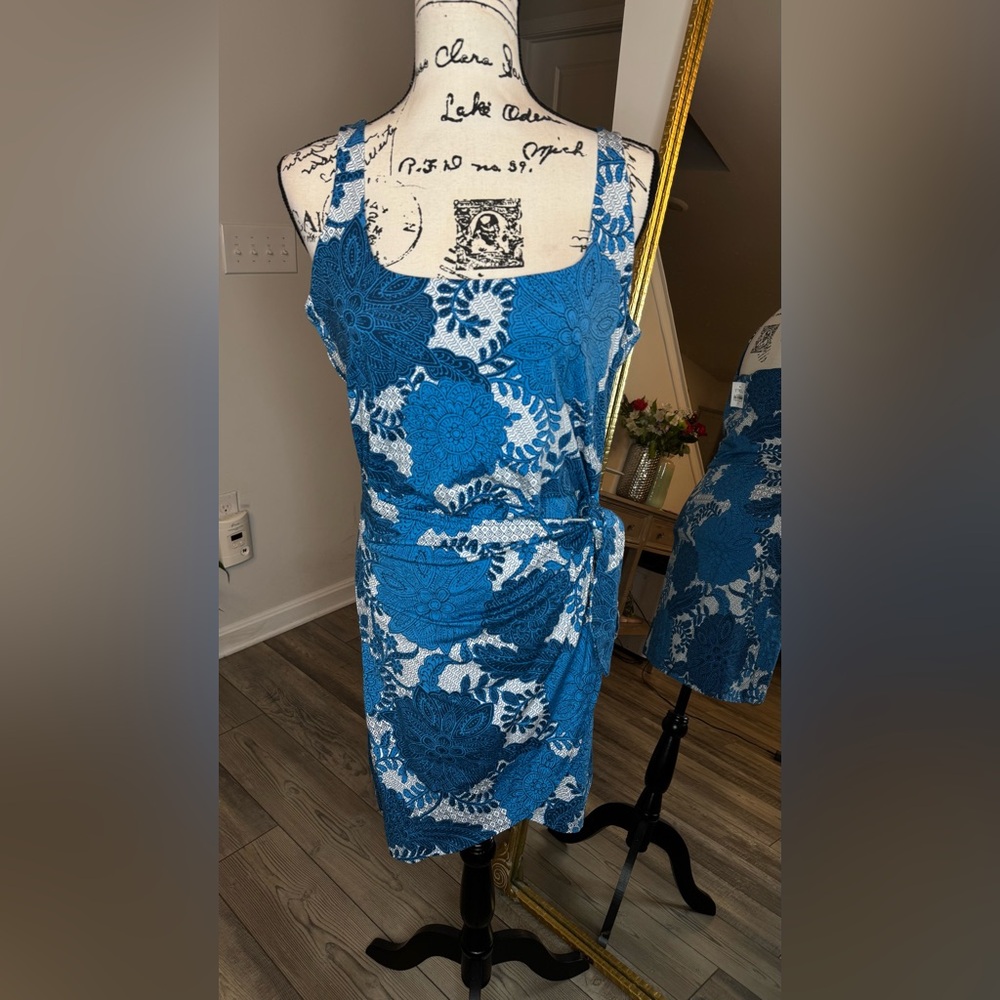 LOFT Blue Floral Tie-Waist One-Piece Swim Cover Dress - Picture 5 of 12